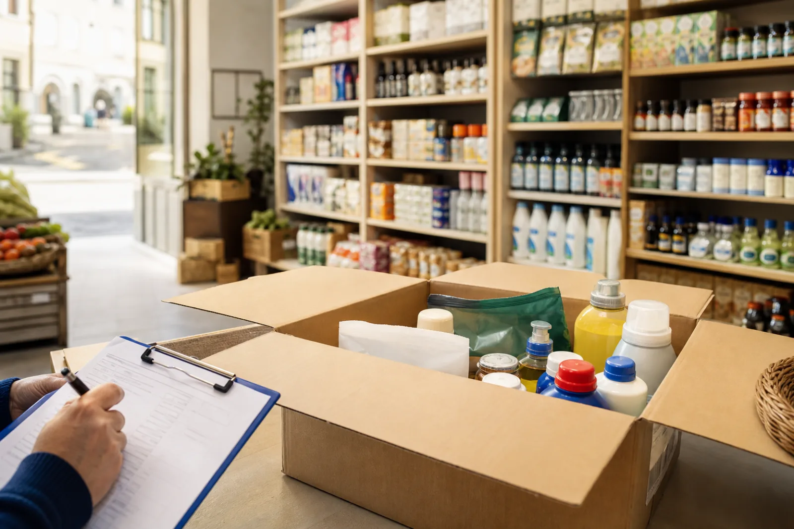 Illustrative view of a delivery check inside an independent retail shop.
