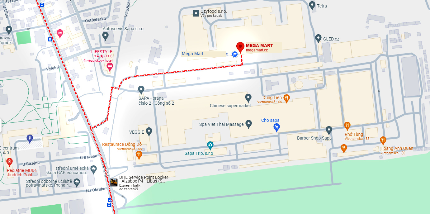 Mapa cesty k provozovně Mega Mart v areálu SAPA Praha